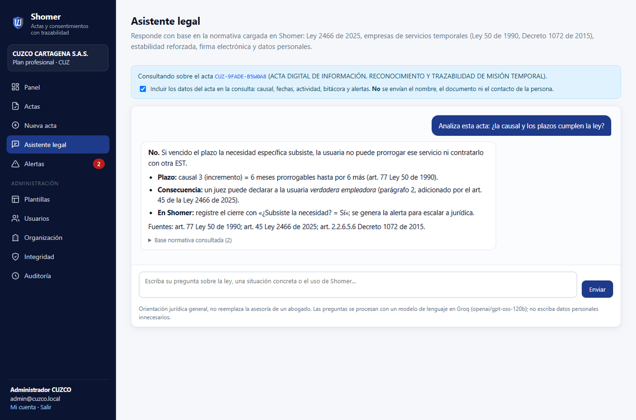 Asistente legal de Shomer respondiendo sobre la Ley 2466