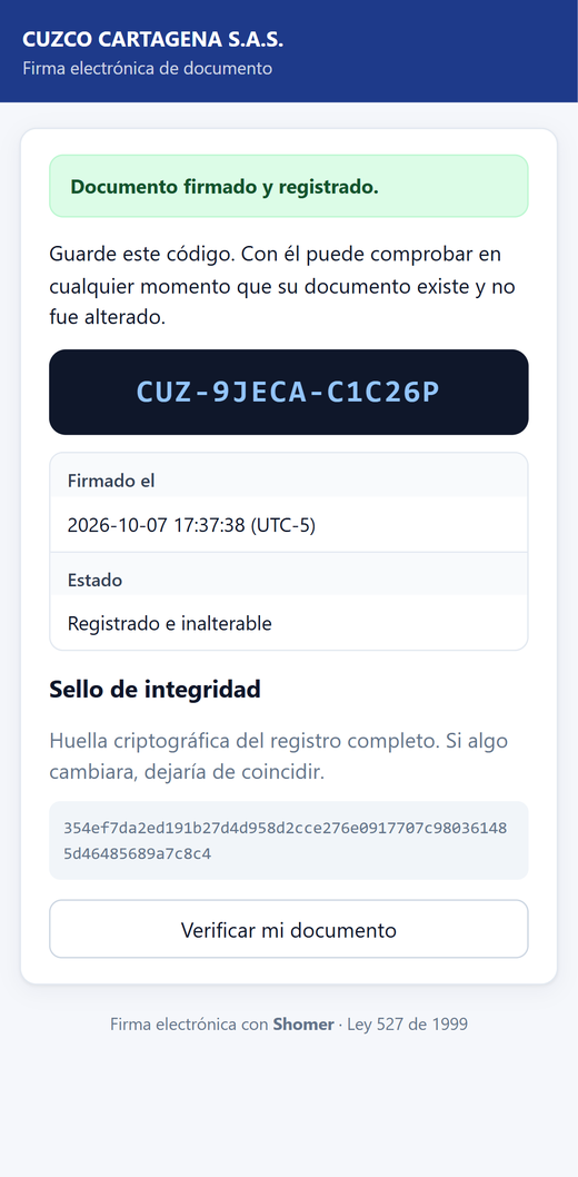 Documento firmado desde el celular con código de verificación y sello